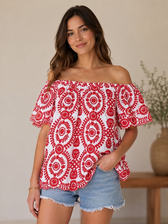 entro Tops - Entro Red White Embroidered Off Shoulder Peasant Blouse Boho Fiesta Top Size S